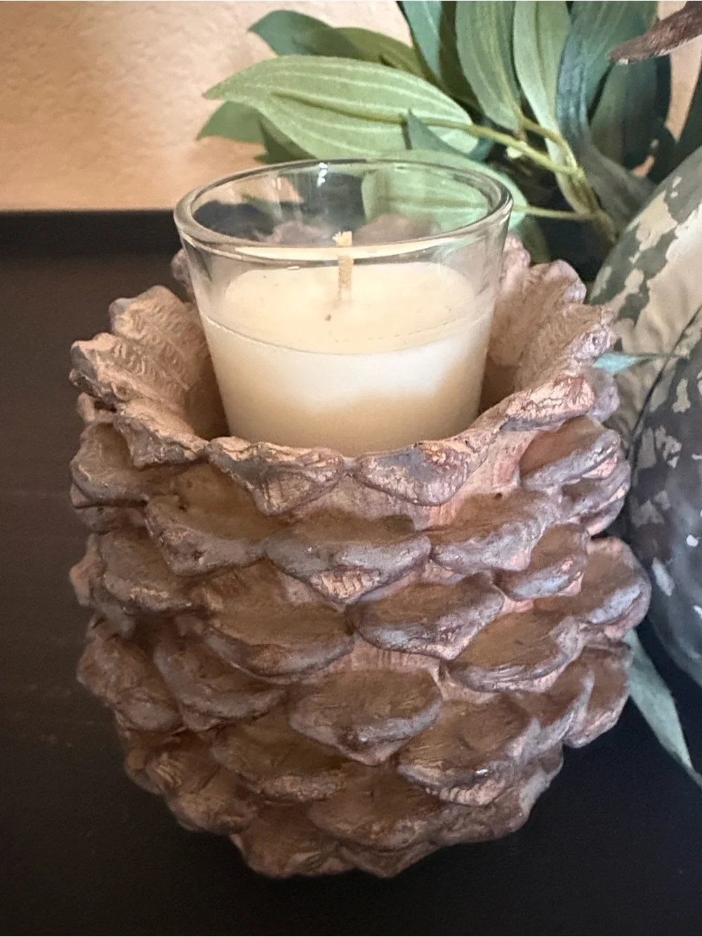 Rustic Farm house textured silver & rust pumpkin & pinecone candle holders